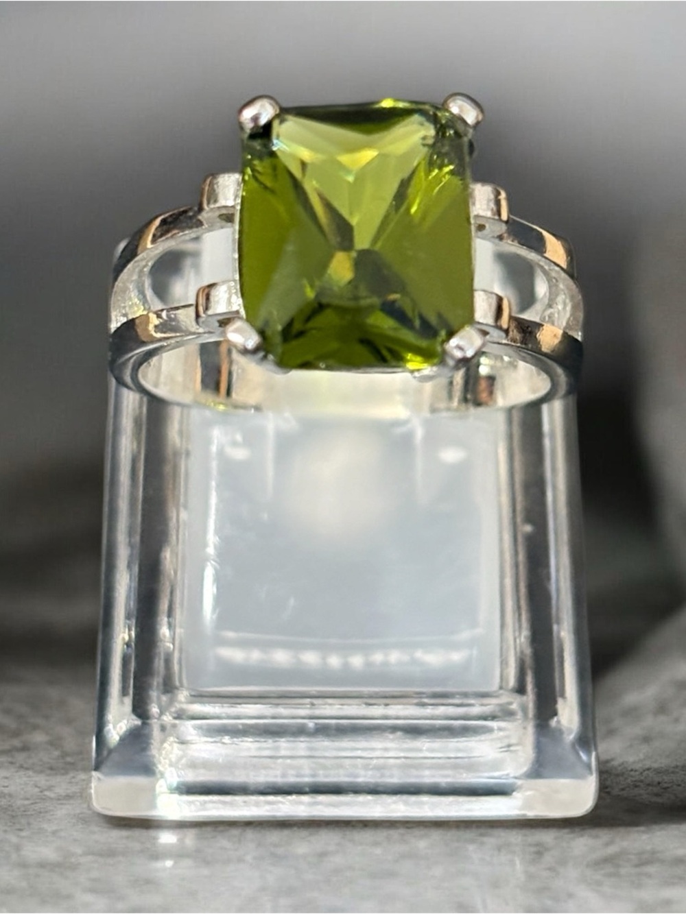 Silver Ring with Olive Green Square Gemstone